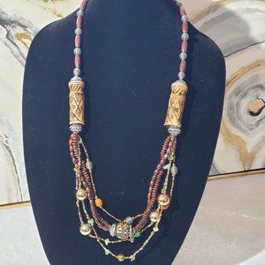CG Designs Wood Silver Gold Toned Beaded Multi-Strand Statement Necklace